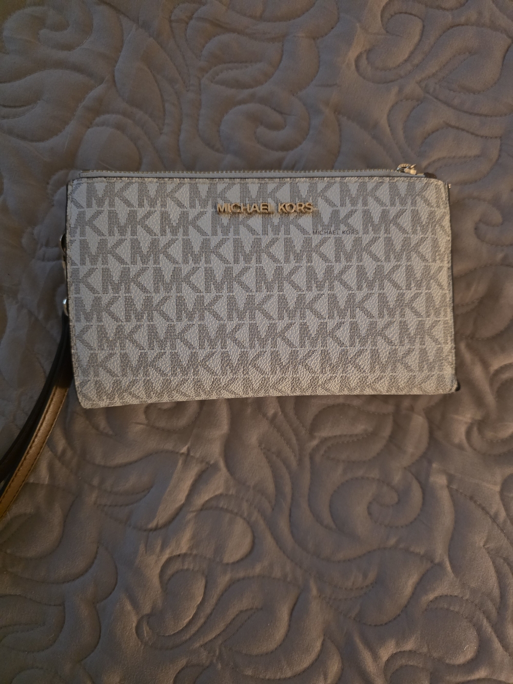 Michael Kors Beige/Taupe MK Logo Wristlet with Gold Hardware